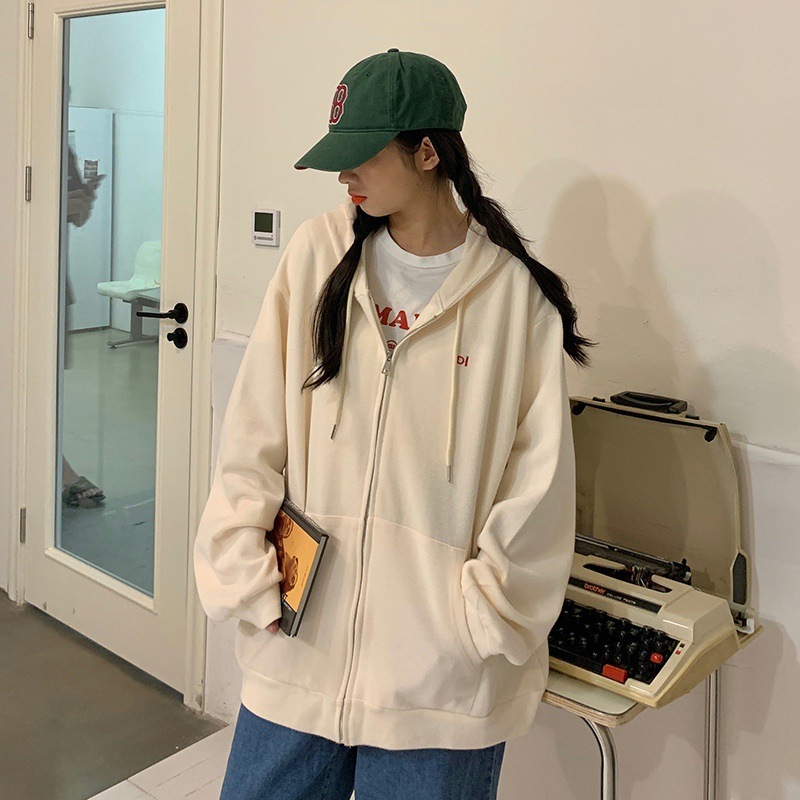 Korean version sports leisure hooded zipper cardigan sweater jacket for women autumn and winter BF style loose top trend dongdumaoyi