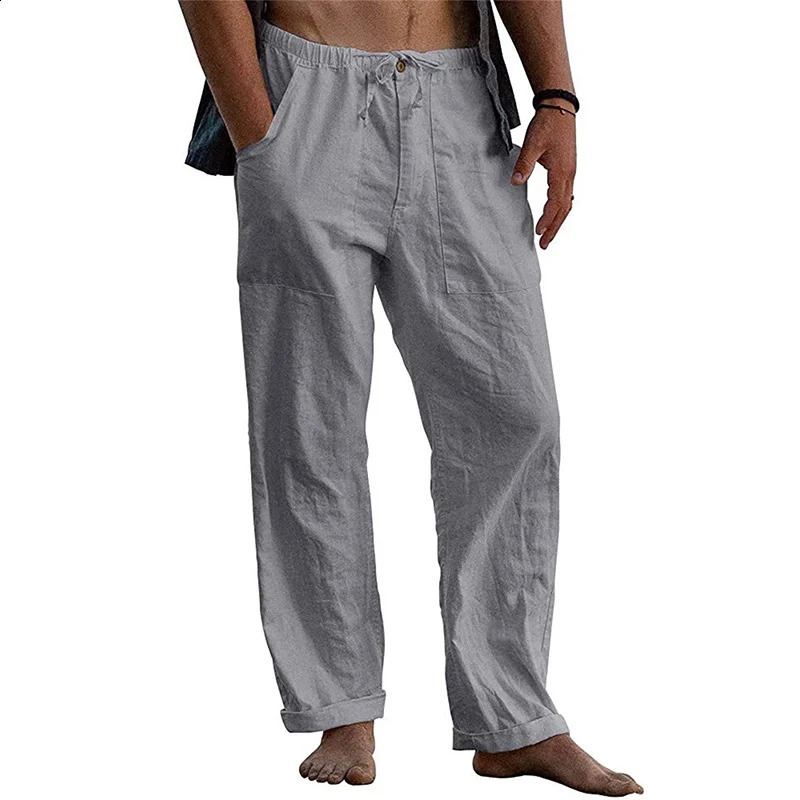 Mens Casual Trousers Home Pants Man Cotton Linen Large Size white Straight trousers Solid Beach black Fitness Pants 240822