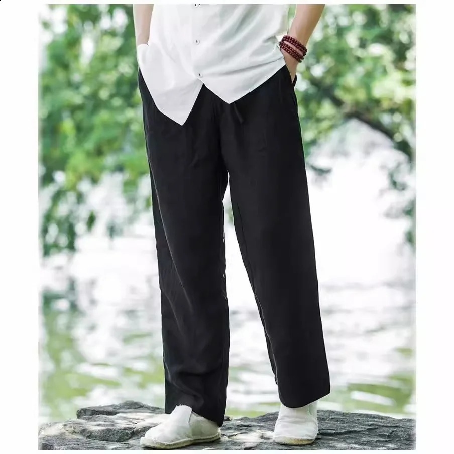 Men Wide Leg Cotton Linen Pants Summer Male Elastic Waist Pocket Loose Solid Full Trousers ZJFS-3278 240822