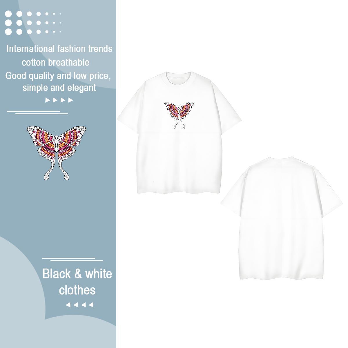 2024 DIY Womens T Shirts O-Neck Short Sleeve 230g Cotton Couples T Shirts Anime Oversized Butterfly Street Casual Wholesale Clothes
