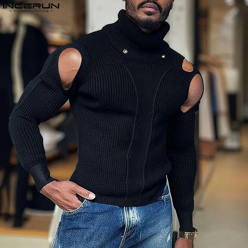 INCERUN Mens Sweater Solid Color Knitted Hollow Turtle Neck Long Sleeve Floral Street Clothing Fashion Casual 240821