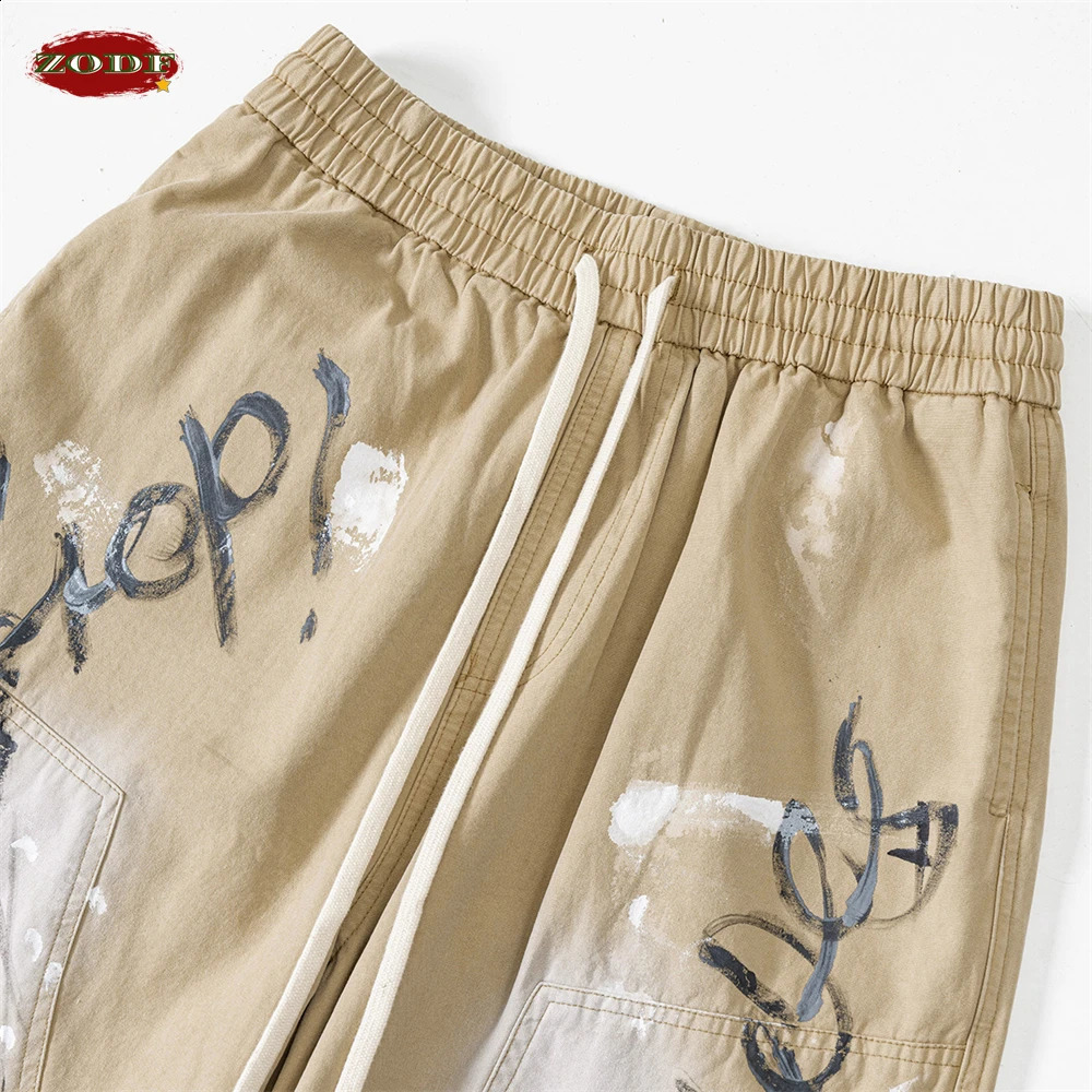 ZODF Fashion Spring Summer Mens 270gsm Cotton Cargo Pants Unisex Casual Wash Paint Graffiti Loose Knee Trousers HY0848 240821
