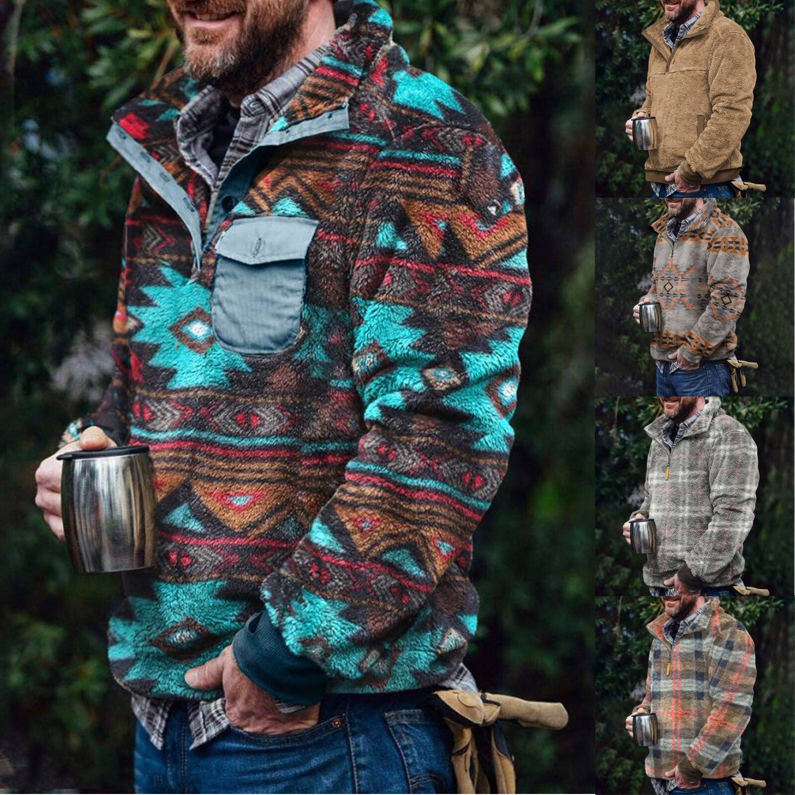 Autumn and winter men's casual flannel plush hoodie with button pocket sweater dongdumaoyi