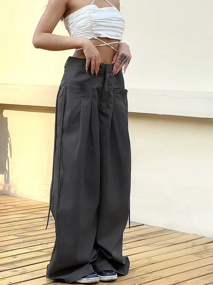 QWEEK Shirring Vintage Wide Leg Pants Women Gray High Waist Y2k Streetwear Casual Suit Pants Korean Loose Office Lady Trousers 240821
