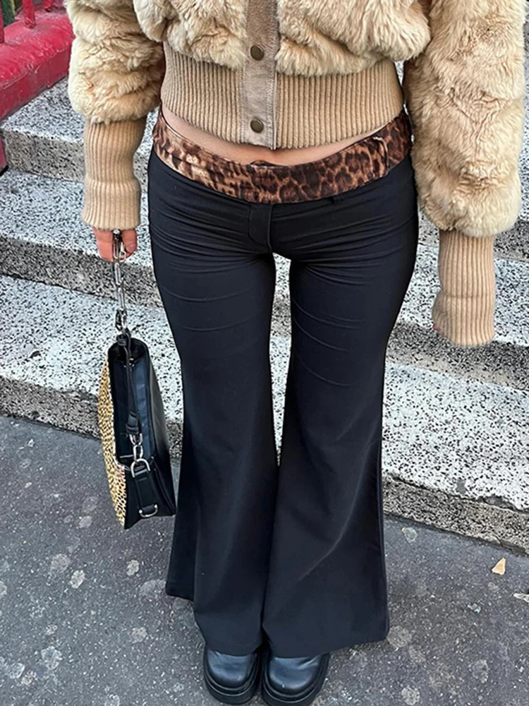 IAMSURE Y2K Patchwork Leopard Printed Flare Pants Casual Slim Low-Waisted Wide Leg Pants Women Autumn Spring Streetwear 240821
