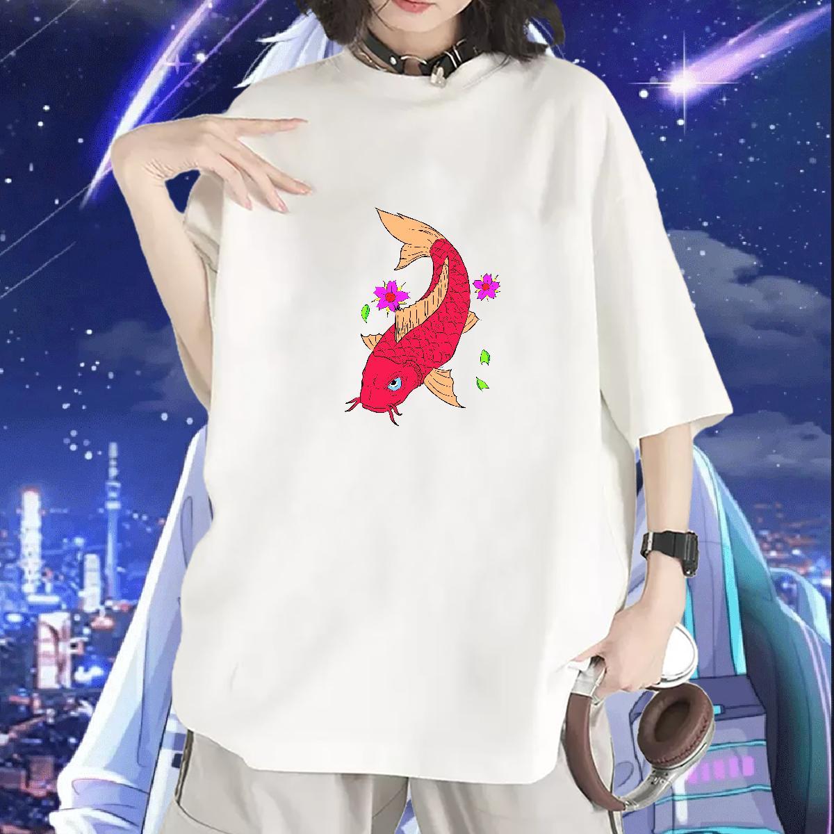 New Womens T Shirts Breathable 230g Pure Cotton Couples T Shirts Cartoon Printing L-4XL fish Daily Wear Brand Tops