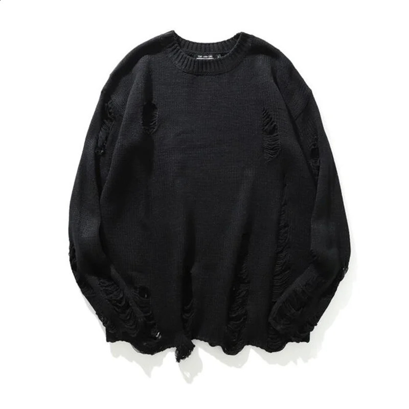 Autumn Winter Ripped Hole Hip Hop Punk Sweater Men Women Street Casual Black White Stripe Vintage Pullovers Sueter 240821