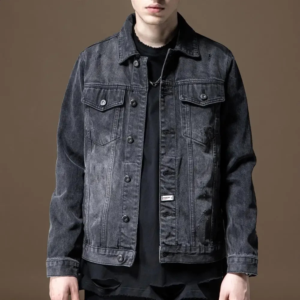 Male Jean Coats Button Autumn Black Mens Denim Jacket Biker Motorcycle With Embroidery Korea Clothing In Low Price Worn Y2k 240821