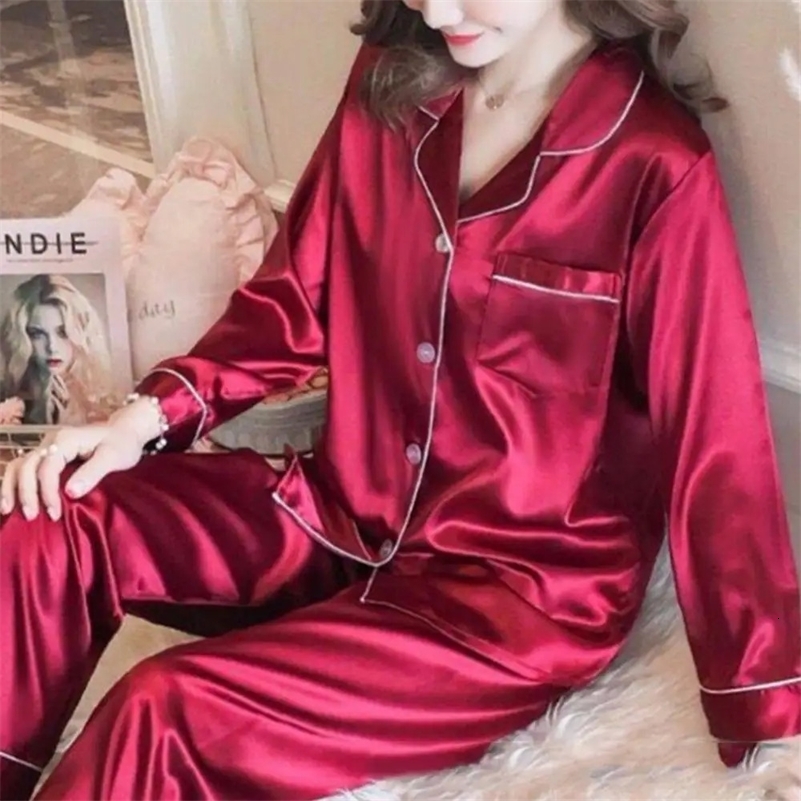 2 Piece Silk Satin Pajamas Pyjamas Set Sleepwear Pijama Winter Long Sleeve Tops Pants Loungewear pyjama pour femme y240821