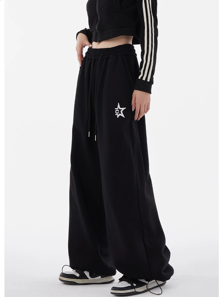 HOUZHOU Y2k Star Women Black Sweatpants Casual Wide Leg Joggers Trousers Vintage Korean Style Baggy Sports Pants Streetwear 240821