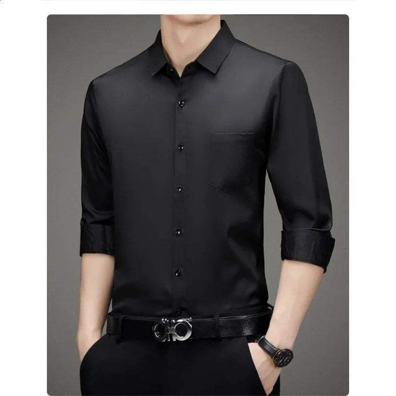 100% Mulberry Silk Shirt Men High Quality Long Sleeve Pocket High-end Business Casual Elastic Anti-wrinkle Non-iron Mens Shirts 240822