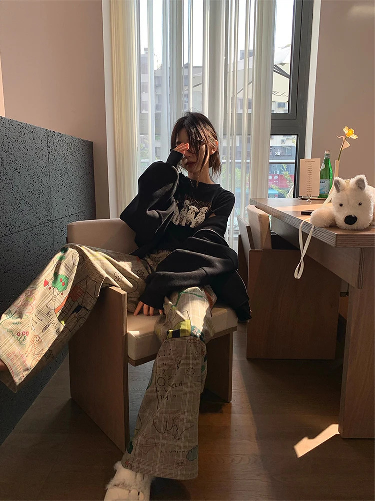 Womens Baggy Y2k Plaid Pants Streetwear Graphic Print Pants Vintage Harajuku High Waist Wide Leg Trousers Fashion Clothes 240821