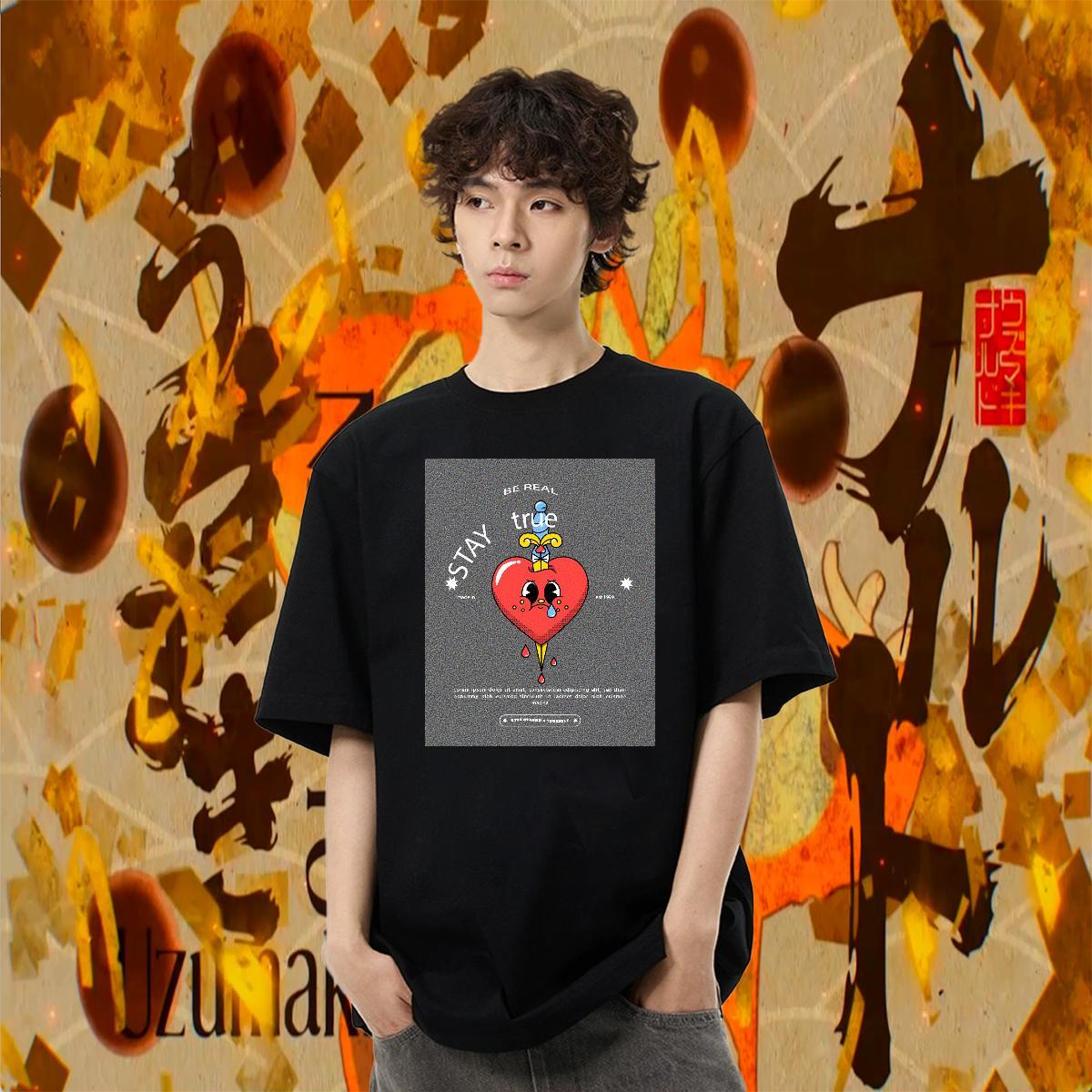 Popular Men Tees Street Casual 100% Cotton 230g DIY Printed Breathable Crew Neck cartoon T shirt Classic Tee Shirt