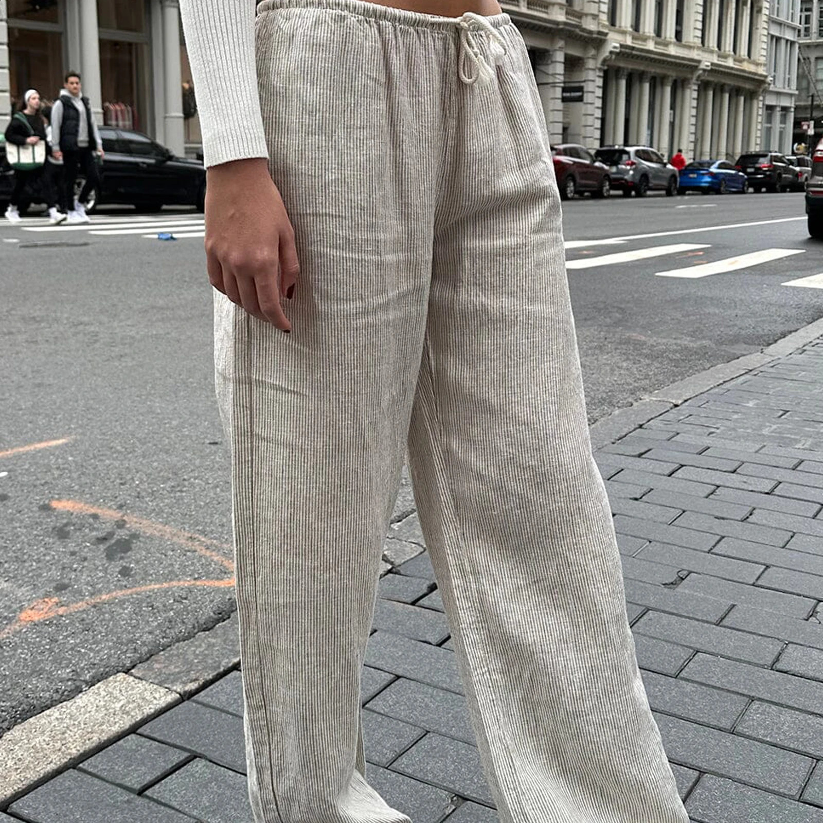 Combhasaki Womens Casual Y2K Cleanfit Striped Pants Drawstring Elastic Low Waist Striped Loose Aesthetic Trousers Streetwear 240821