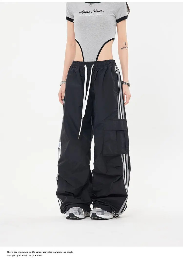 1pc Y2K Harajuku Vintage Hip Hop Street Wide Leg Pocket Side Contrast Stripes Casual Loose Cargo Pants Women 240821