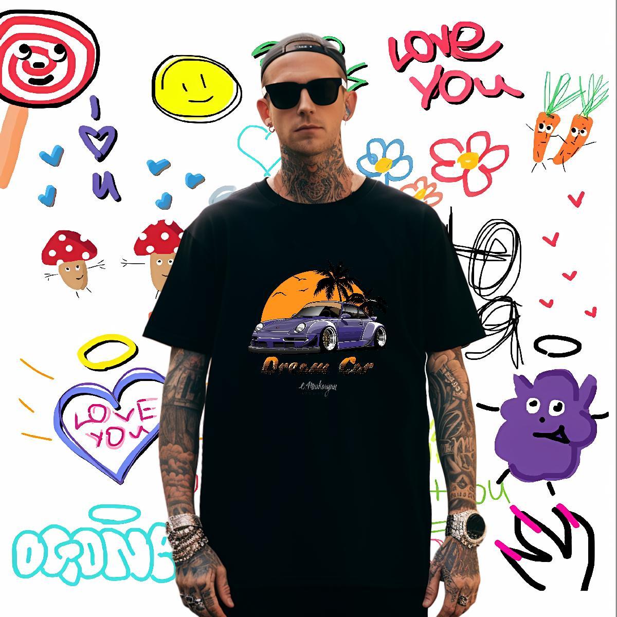 Classic car T shirt Hip Hop Men Clothes T-Shirt 100% Cotton 230g New Designer Pure Cotton Cartoon Printing L-4XL Tops