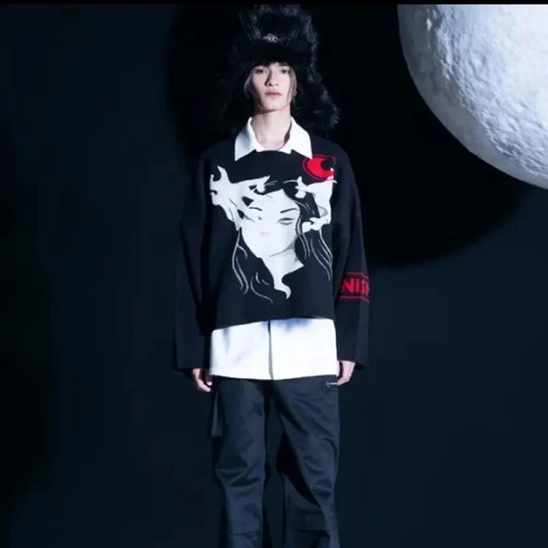 Y2K winter warm abstract portrait sweater Harajuku Pullover mens long sleeved knitted streetwear punk womens retro top 240821