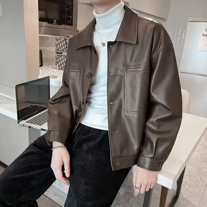 Autumn/winter Faux Leather Jacket For Men Trendy Korean Style Cropped Versatile Lapel Jacket Casual Scene Regular Type 240822