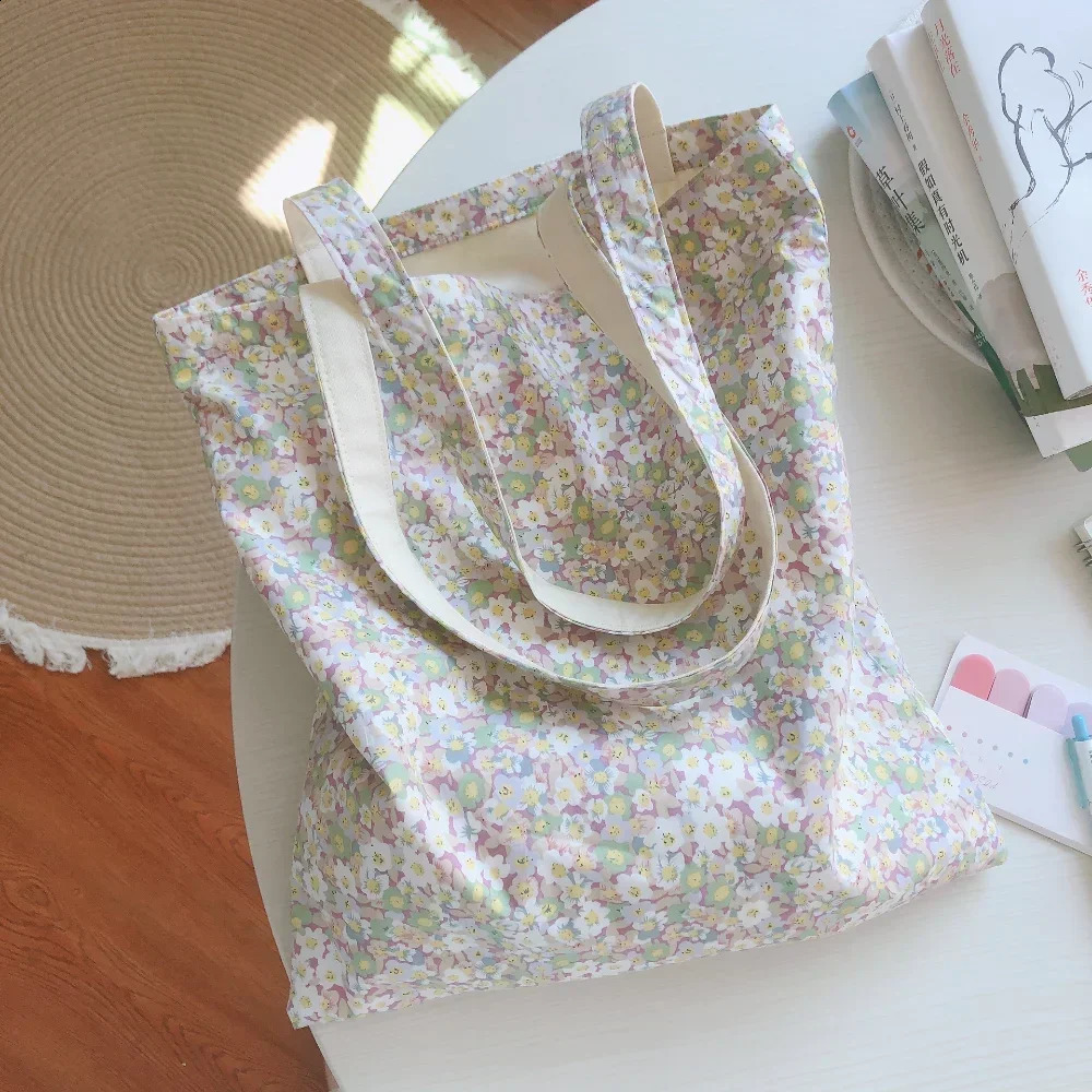 Cotton Floral Womens Bag Large Canvas Shopping Shoulder Bag for Grocery Reusable Foldable Female Students Books Tote Handbags 240821