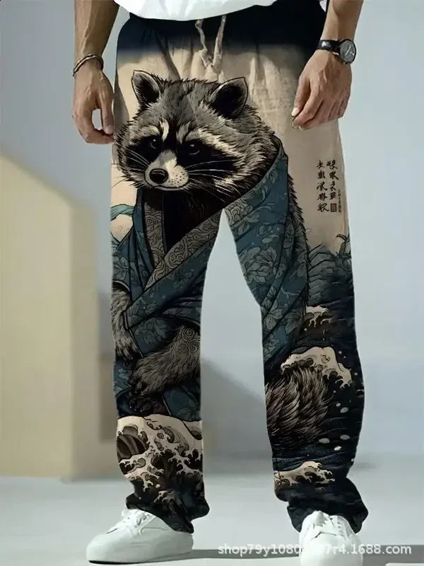 Mens casual pants Japanese style pattern printing casual handsome mens straight pants loose fashion bamboo linen trousers 240822
