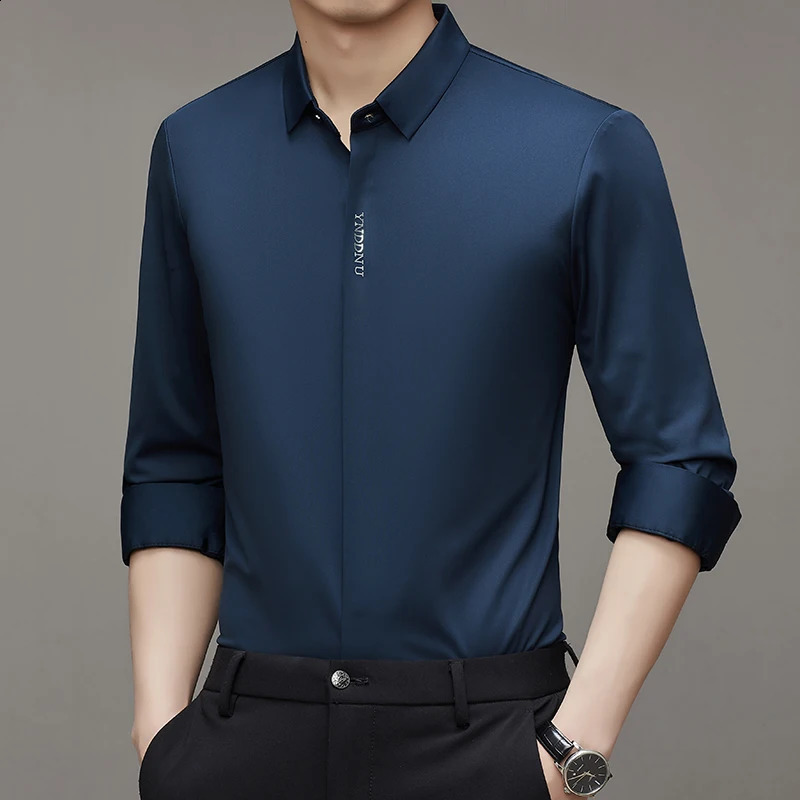 High-Quality Mens Long-Sleeve Shirt - Solid Color Business Casual X-Stretch Embroidered Four-Season Daily Commute Top 240822