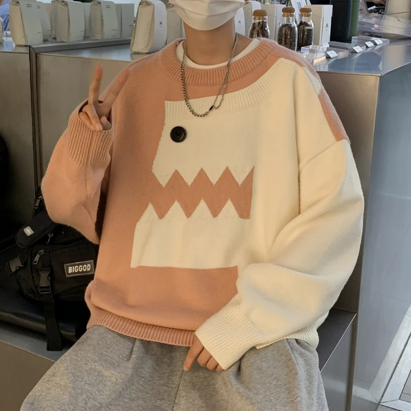 Autumn Winter Mens Knitted Sweater Cartoon Dinosaur Pullovers Oversized Jumpers Women Hip Hop Knitwear Vintage Sweaters E111 240821