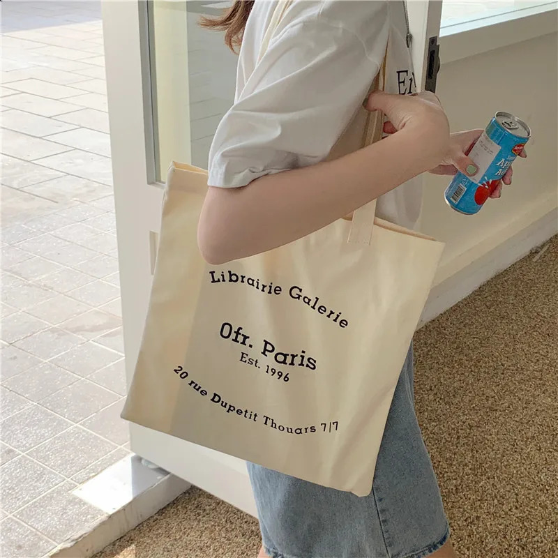 Women Canvas Shoulder Bag Paris Letter Print Ladies Casual Handbag Tote Bag Reusable Large Capacity Cotton Shopping Beach Bag 240821