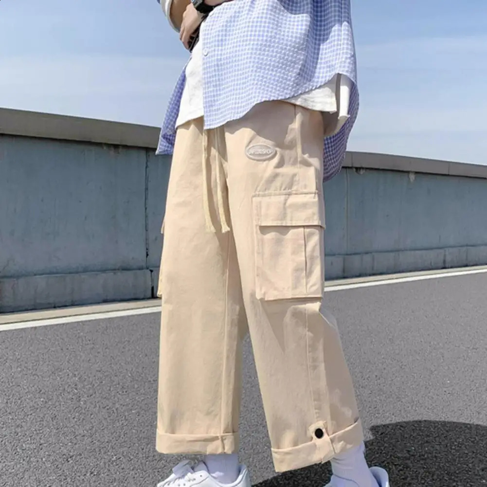 Mid-Rise Elastic Waist Drawstring Pockets Pants Men Straight Wide Leg Solid Color Casual Pants Streetwear pantalones hombre 240822