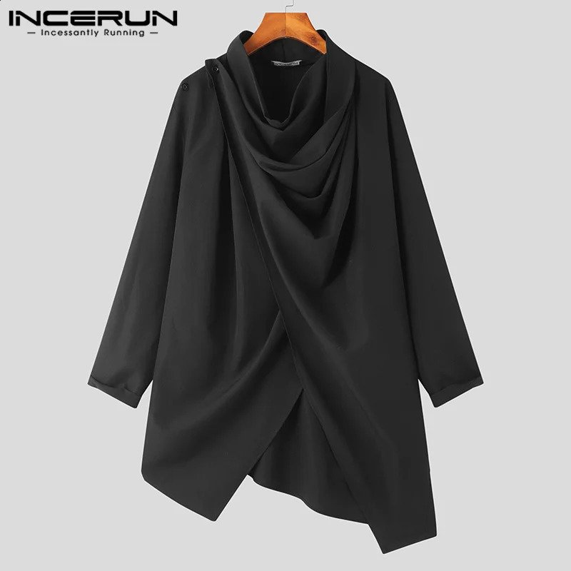 INCERUN Men Trench Solid Color Turtlneck Long Sleeve Streetwear Irregular Cloak Ponchos Men Punk Fashion Casual Coats S-5XL 240822