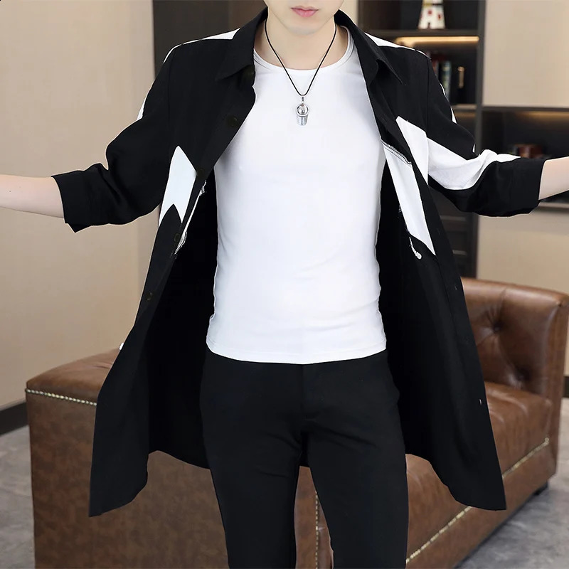 Plus Size Windbreaker Mens Summer Thin Color Blocking Embroidery Coat Long Section Jackets Sunscreen Trench Coats Men Clothing 240822