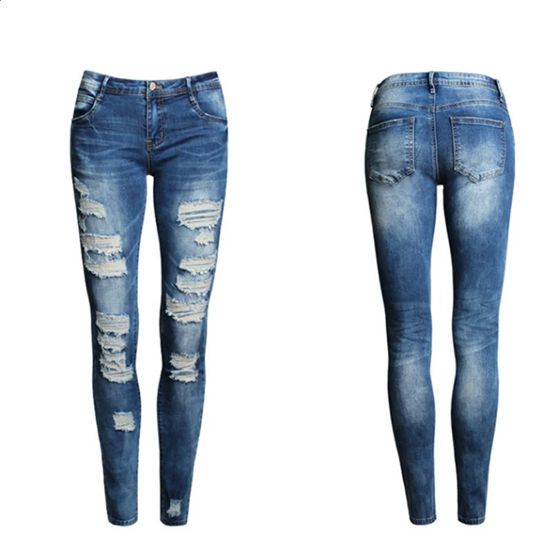 Blue Slim Ripped for Women Skinny Distressed Washed Stretch Denim Mom Jeans High Waist Pants Femme Bleached Z260313