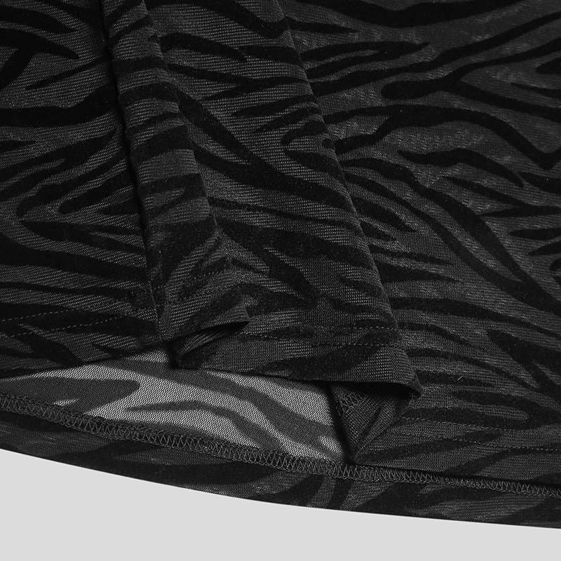 Mesh Shirt Long Sleeve Turtle Neck Nightclub Elastic Sexy Tshirt Spring Fashion Zebra Stripe Transparent Mens 240822