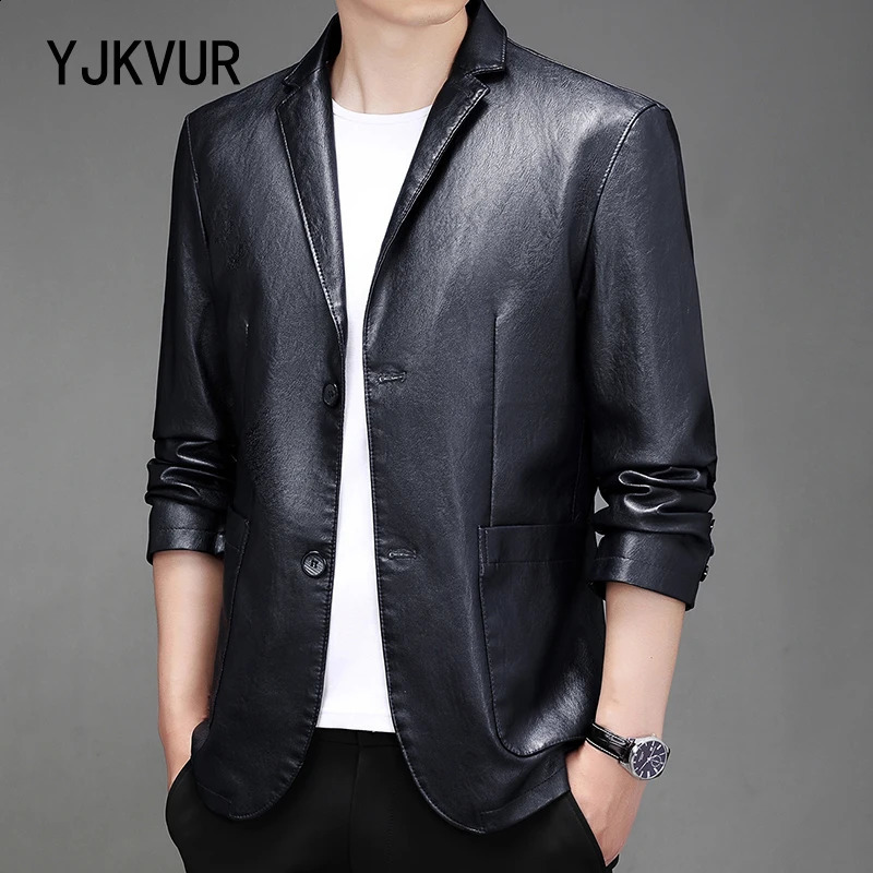 YJKVUR Plus Size Leather Blazer for Men Black Blue Casual Mens PU Faux Leather Jacket Waterproof Windproof Motorcycle Coats 240822