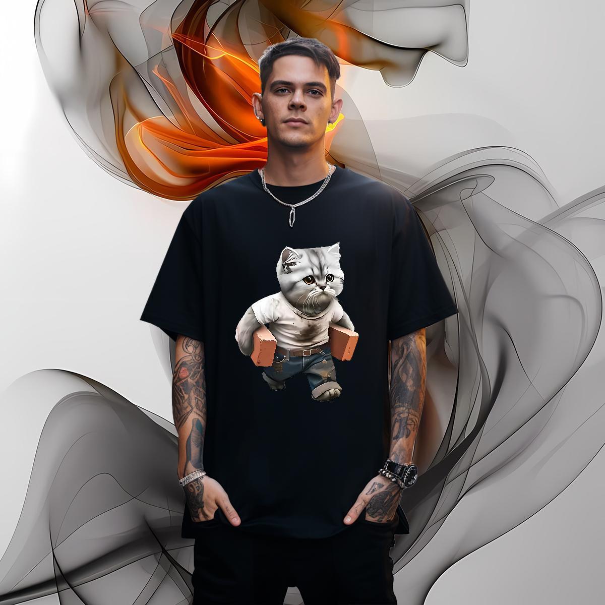 Cool T-Shirts for Men cat O-Neck Short Sleeve Casual DIY Anime 230g Pure Cotton Mens Tshirts Casual New Tees