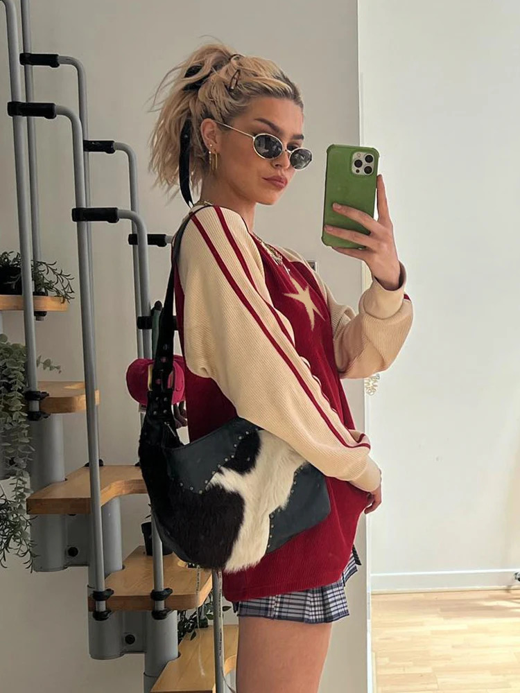 Rockmore Y2K Star Graphic Loose Sweaters Autumn Winter Harajuku Vintage Jumper Top Women Casual Long Sleeve Pullover 90s Grunge 240821