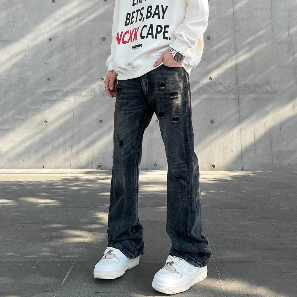 Streetwear Ripped Jeans Men Autumn Black Flared Trousers Casual Y2k Vaqueros Pantalones Hombre Winter Street Hole Denim Pants 240821