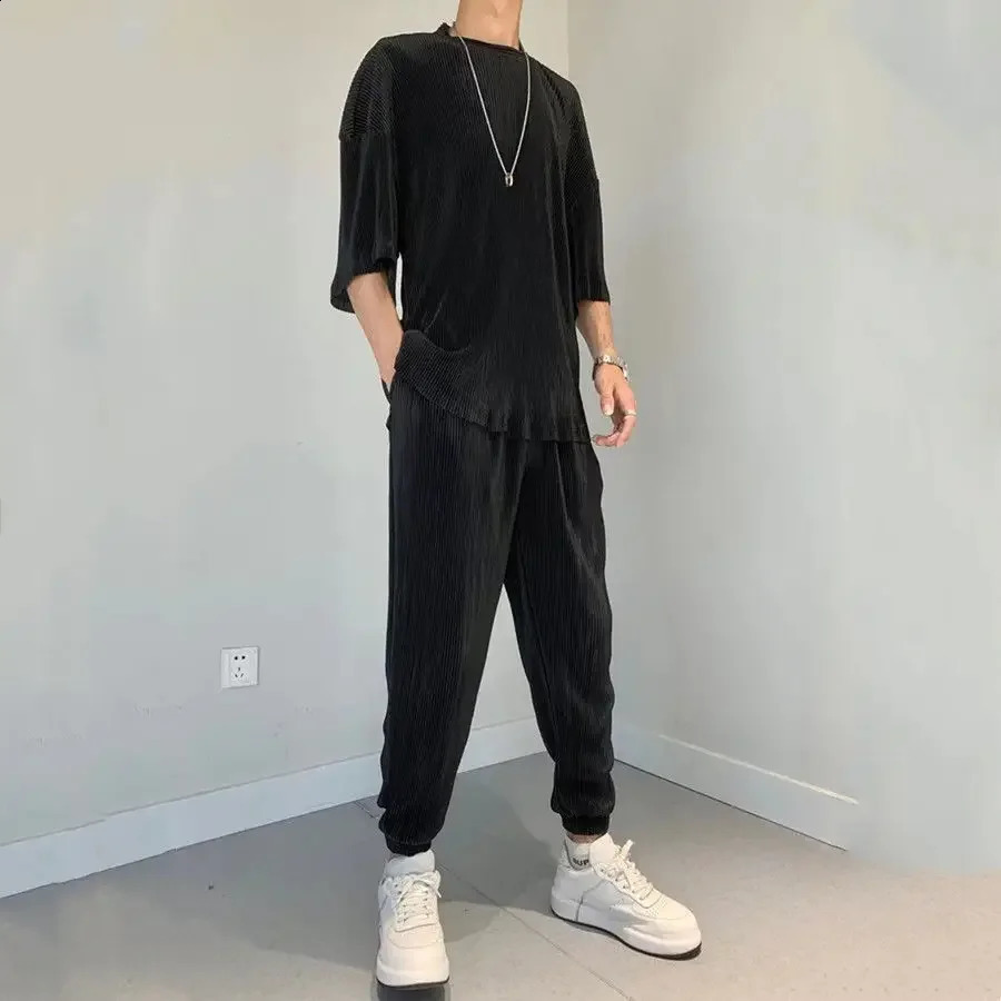 Nylon Mens Pants Set Gym Sportswear Male T Shirt Trousers Sets Black No Outfits Clothes Two-piece Essential Tee Kpop 240821