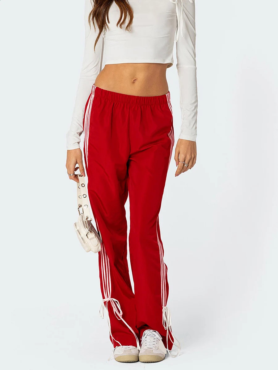 Women Y2k Parachute Pants High Waist Side Bow Tie Cargo Pants Casual Baggy Wide Leg Jogger Sweatpants 00s Streetwear 240821