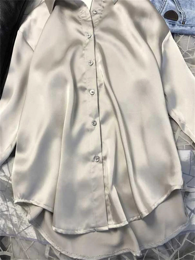 Eotvotee satin long sleeved shirt button top womens elegant highquality office silk 240822
