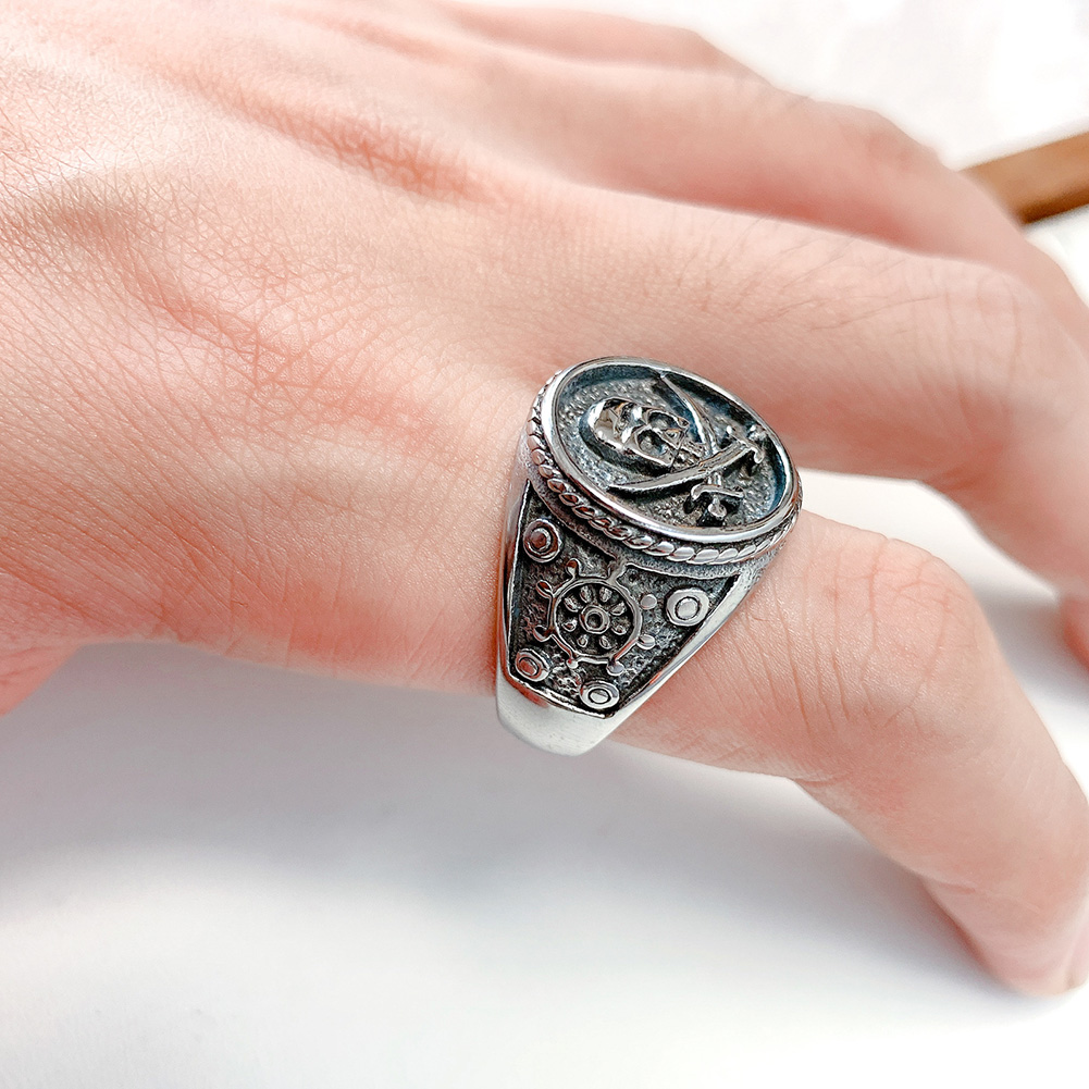 Vintage Skull Cross Casting Ring Titanium Steel Skeleton Seal Rings Mens Jewelry