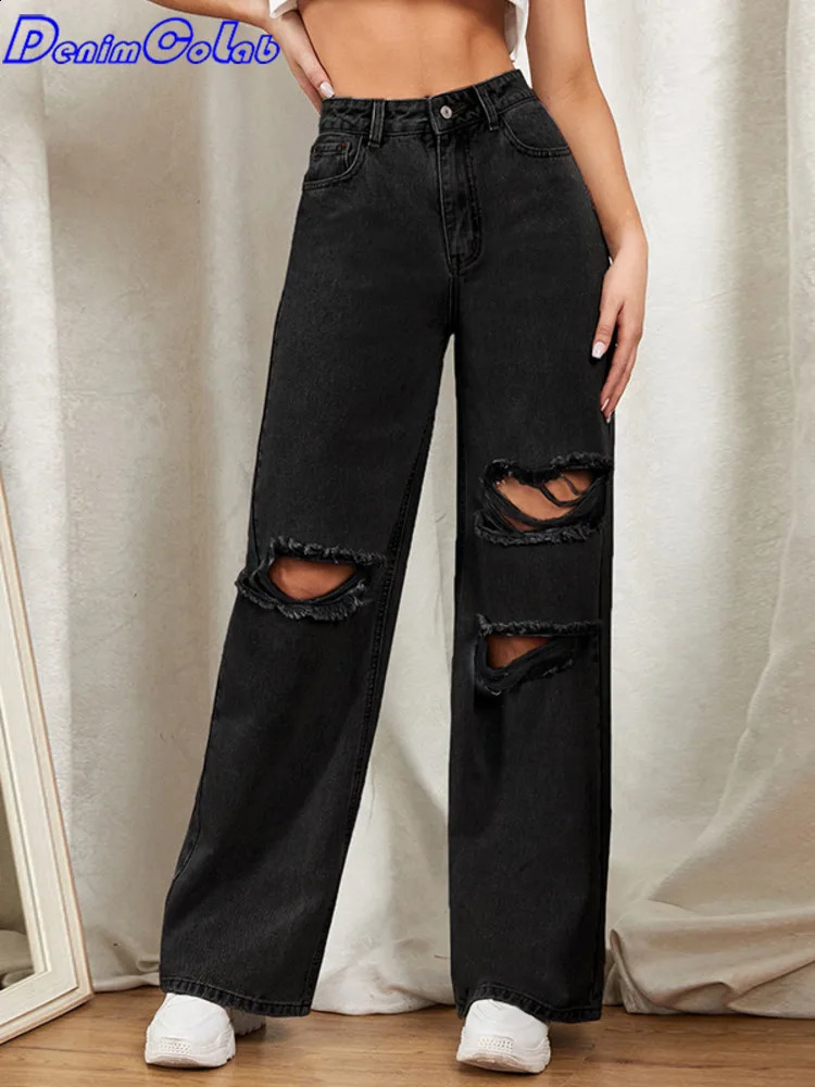 DenimColab Hole Washed Wide Leg Women Loose Boyfriend 100 Cotton Mom Jeans Casual Trousers Denim Pants Z260313