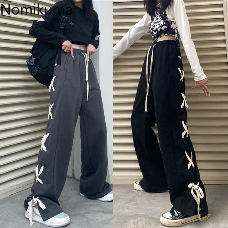 Black Y2k Wide Leg Pants Women Streetwear Bandage Casual Pantalon Femme Bottoms High Waist Straight Korean Harajuku Trousers 240821