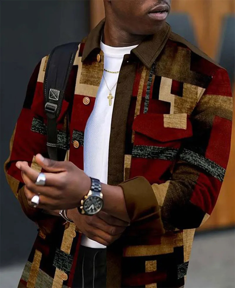 Mens shirt jacket patch work flap pocket button thick warm jacket standard fit grid fashion cotton casual shirt 240821