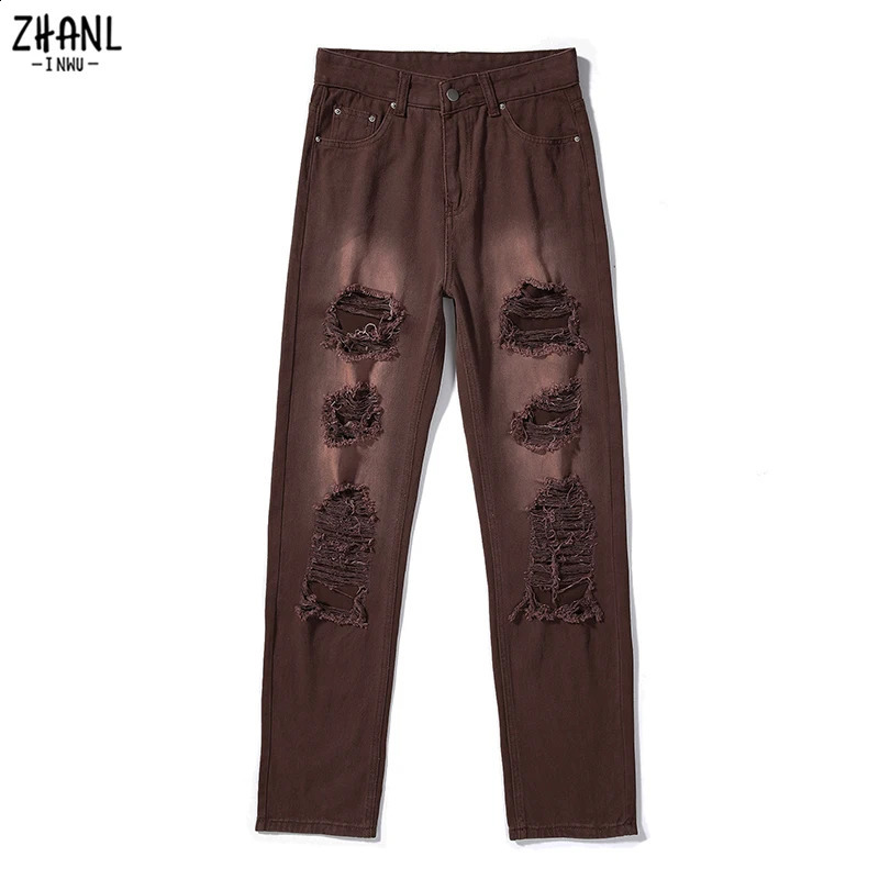 Brown Ripped Vintage Womans Distressed Jeans Streetwear Hole Hip Hop High Waist Pants Fashion Straight Denim Trousers Ladies 240821