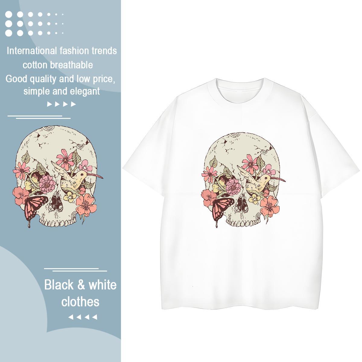 Stylist T Shirts Women 230g Pure Cotton O-Neck Short Sleeve Sports Casual skull Tshirt for Man Woman Free Shipping Anime Print Tops Tees
