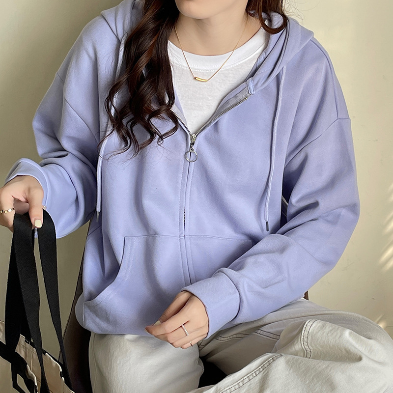 Spring and Autumn Korean edition solid color zipper cardigan casual jacket long sleeved sweatshirt women's BF style loose hooded top trendy dongd