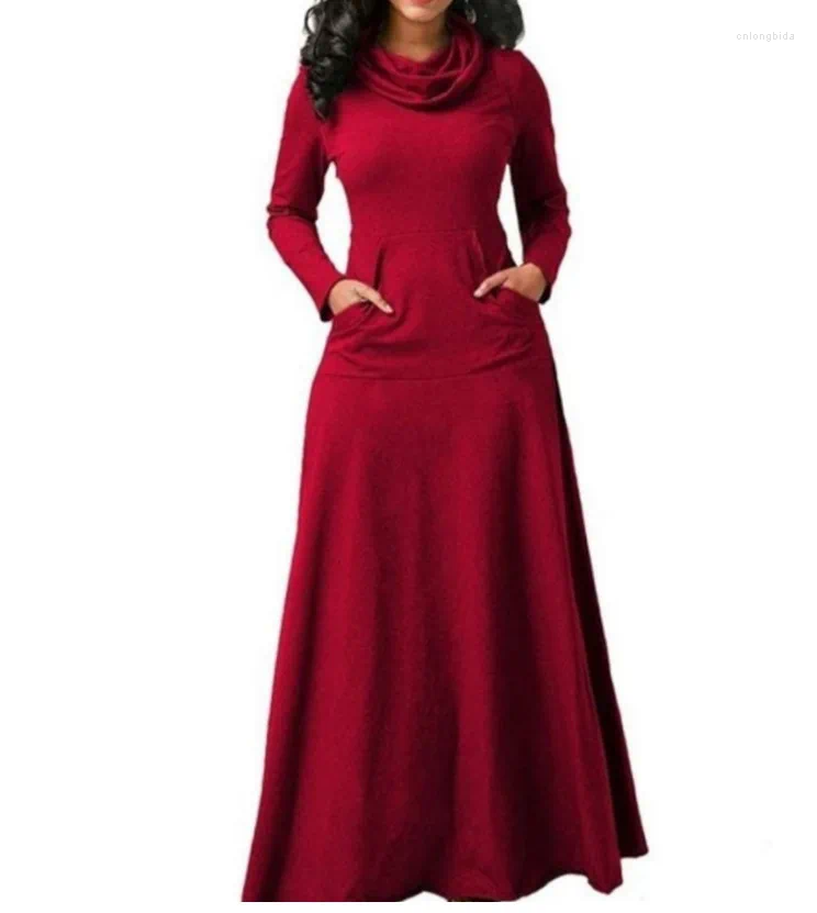 Casual Dresses Plus Size 5XL Elegant Long Maxi Dress Spring Winter Warm High Collar Women Long-sleeved 2024 Woman Clothing With Pocket