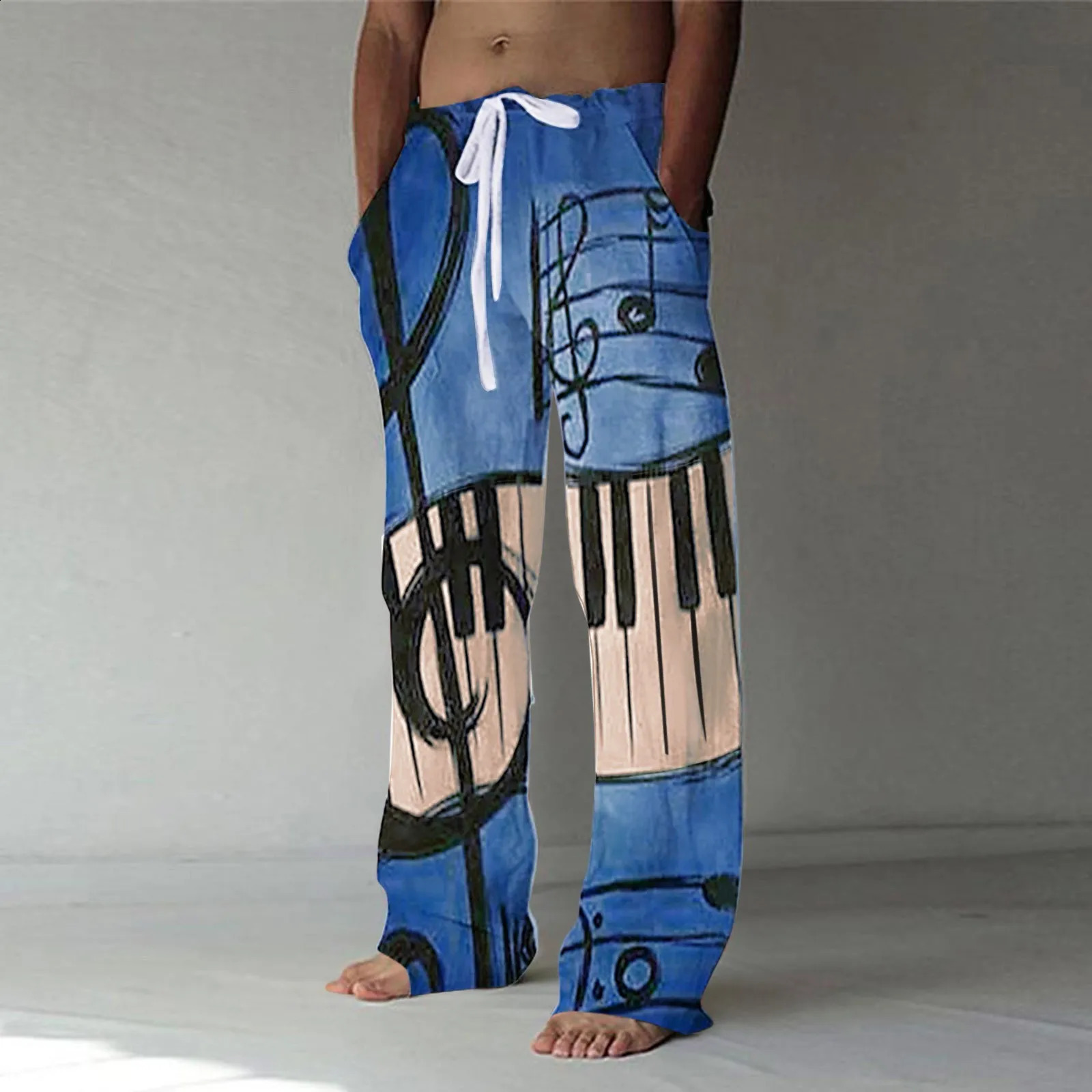 Large Size Pants For Men Fashion Casual Vintage Printed Linen Pocket Lace Up Trousers Summer Breeches Oversize Sweatpants 240822