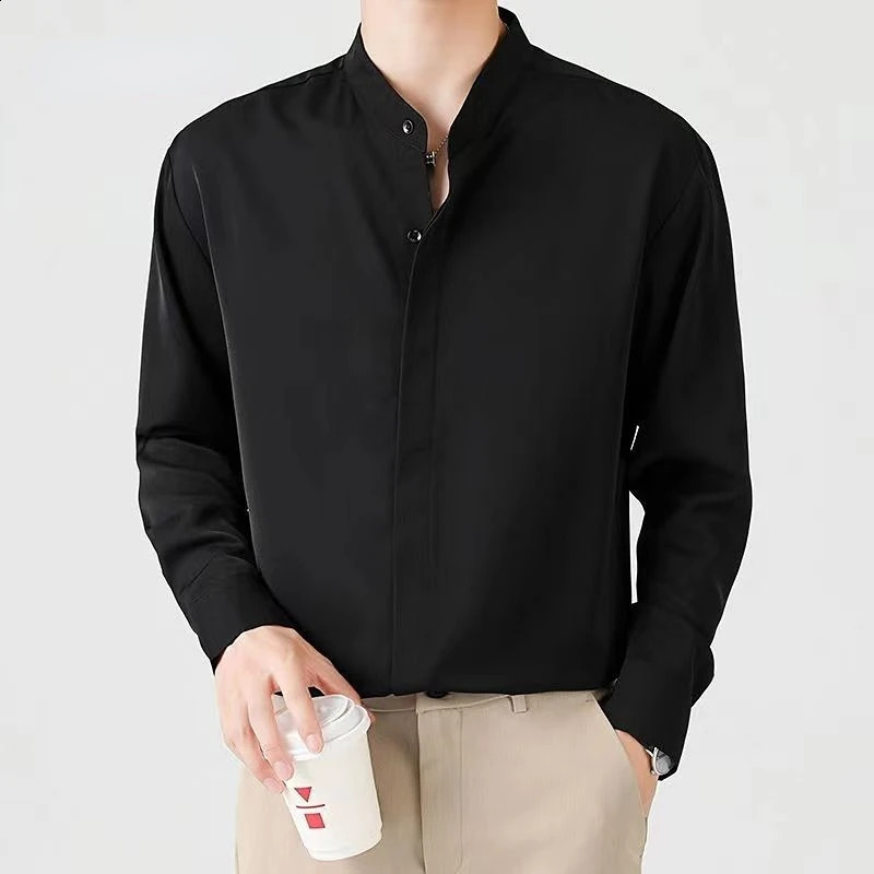 High Quality Korean Fashion Stand Collar Shirt Men Long Sleeve Solid Color Business Casual Loose Simple Shirts for Men 240822