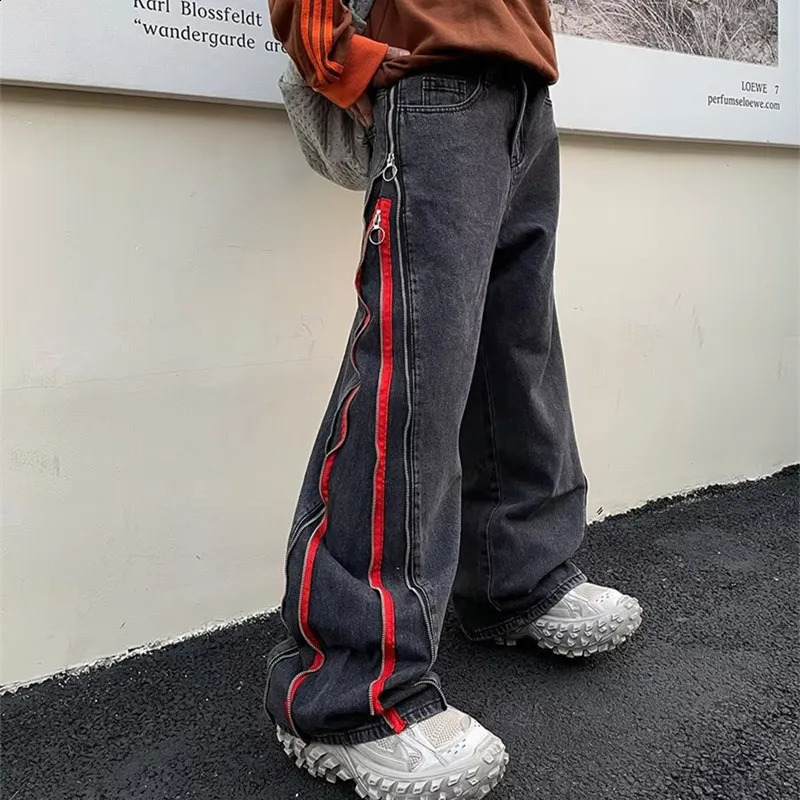Cool Side Zipper Oversize Hip Hop Men Wide Jeans Pants Y2K Clothes Straight Loose Punk Denim Trousers Pantalon Homme 240821